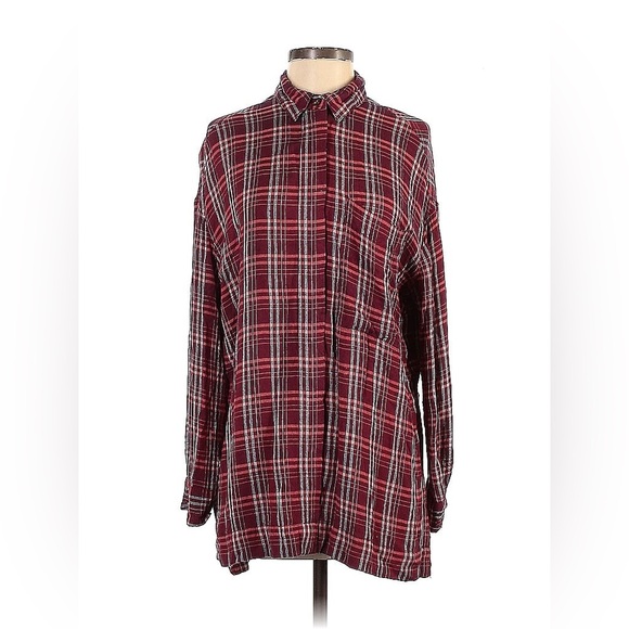 BDG Tops - BDG burgundy plaid high-low hem button-up shirt tunic